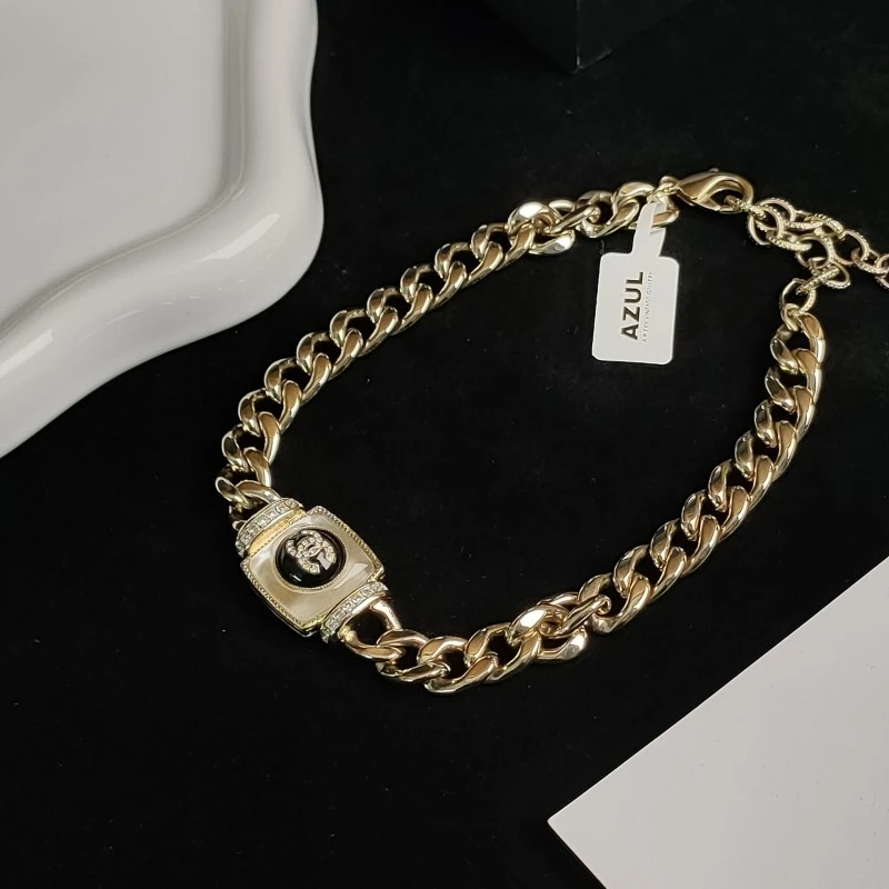 95新 Chanel/香奈儿 Azul-22C浅金闪钻方糖双C古巴链项链/51783