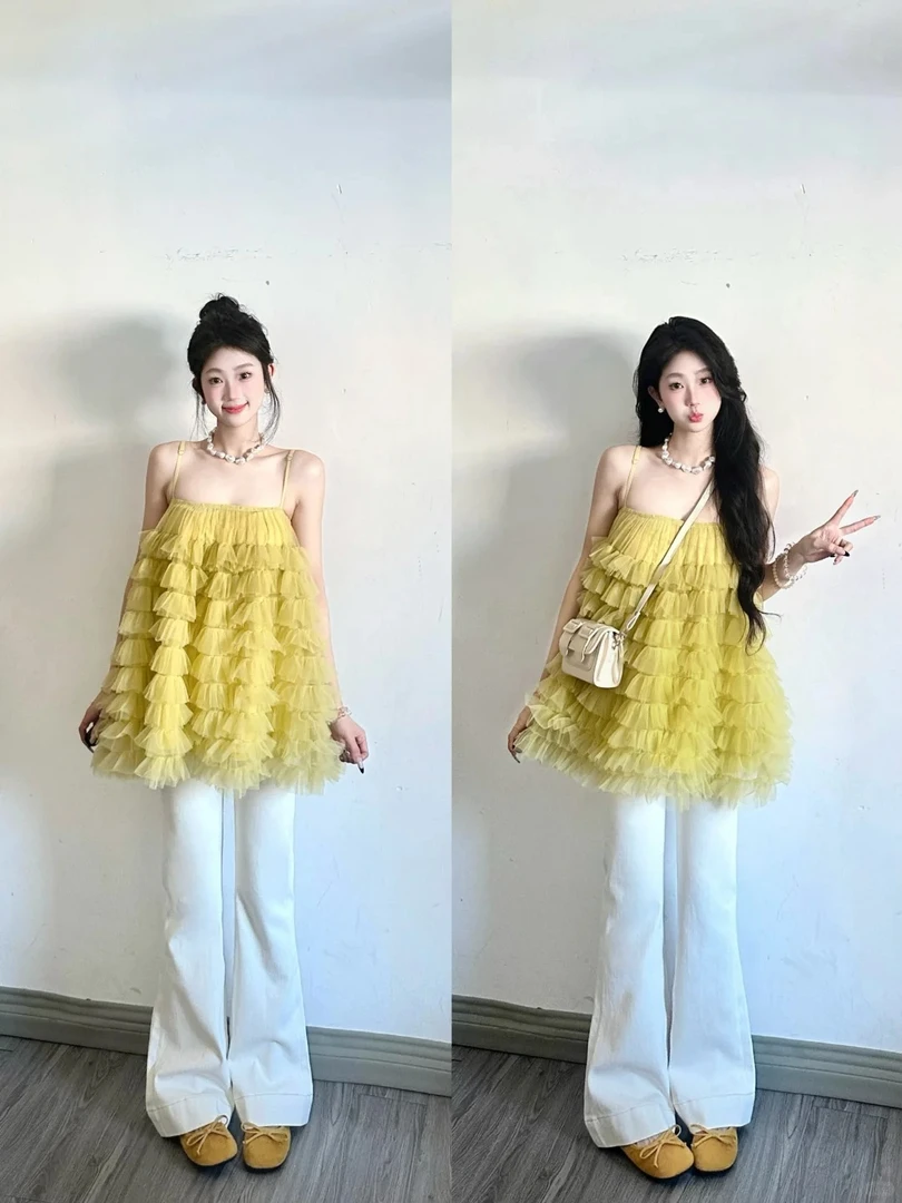 可爱俏皮风网纱吊带蛋糕裙超仙连衣裙女海边度假蓬蓬公主短裙子潮