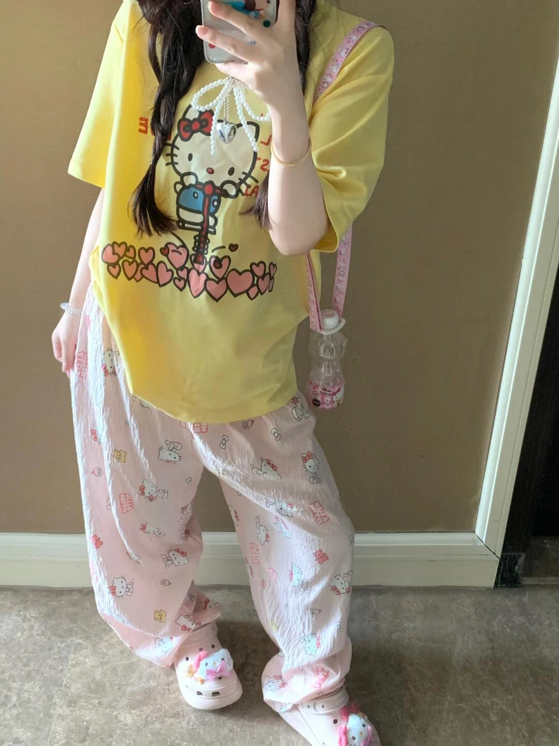 夏季新款230克卡通kt印花短袖T恤女夏季宽松设计感百搭上衣潮