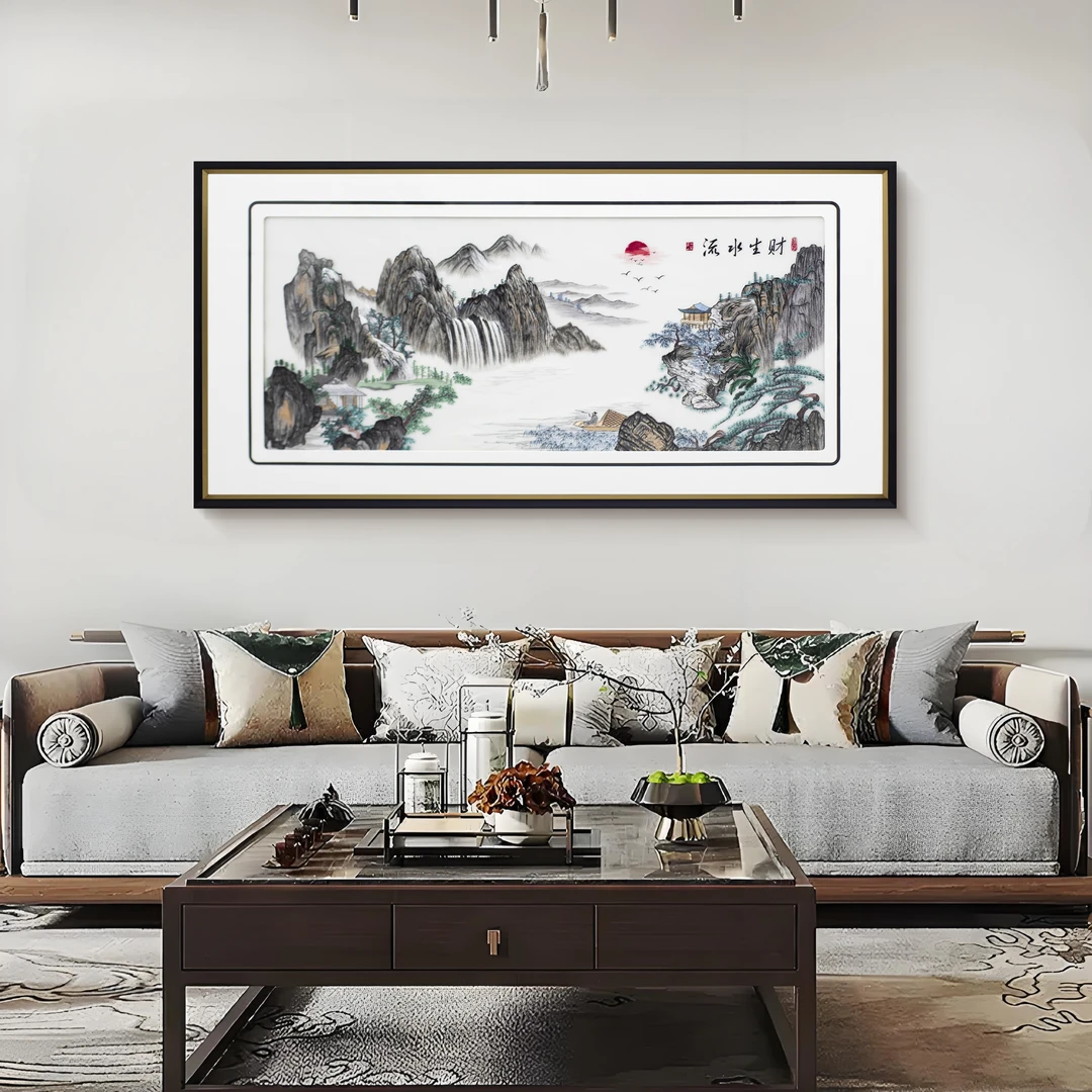新中式刺绣山水流水生财风景画茶室氛围装饰客厅画流水生财80160