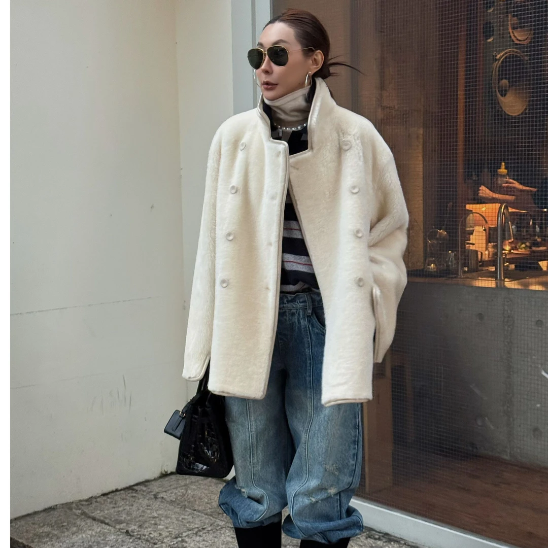 EXPAPARICH 冰岛来信皮毛一体斗篷大衣白色