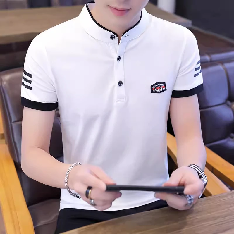 高级感轻奢痞帅男装时尚商务休闲修身立领polo衫男款短袖男t桖潮