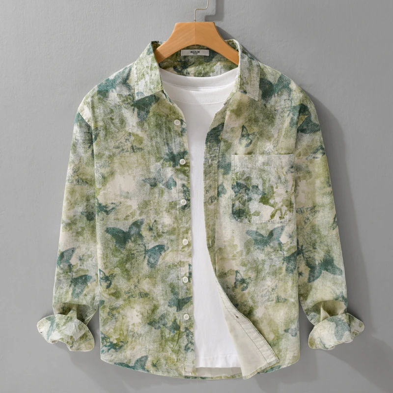 蝴蝶印花纯棉男衬衫春秋季简约潮流宽松百搭长袖衬衣青年上衣外套