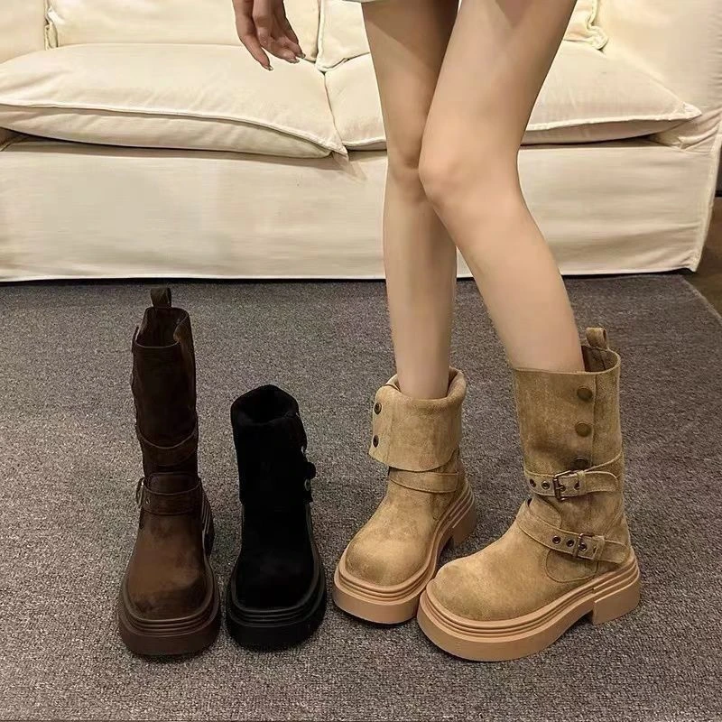 潮流百搭两穿马丁靴女2025秋冬季新款加绒中筒靴女厚底增高小个子