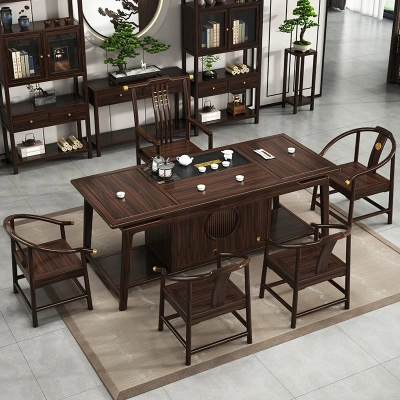 祥福乌金木实木茶桌茶台新中式家用简约禅意古典办公室茶桌椅