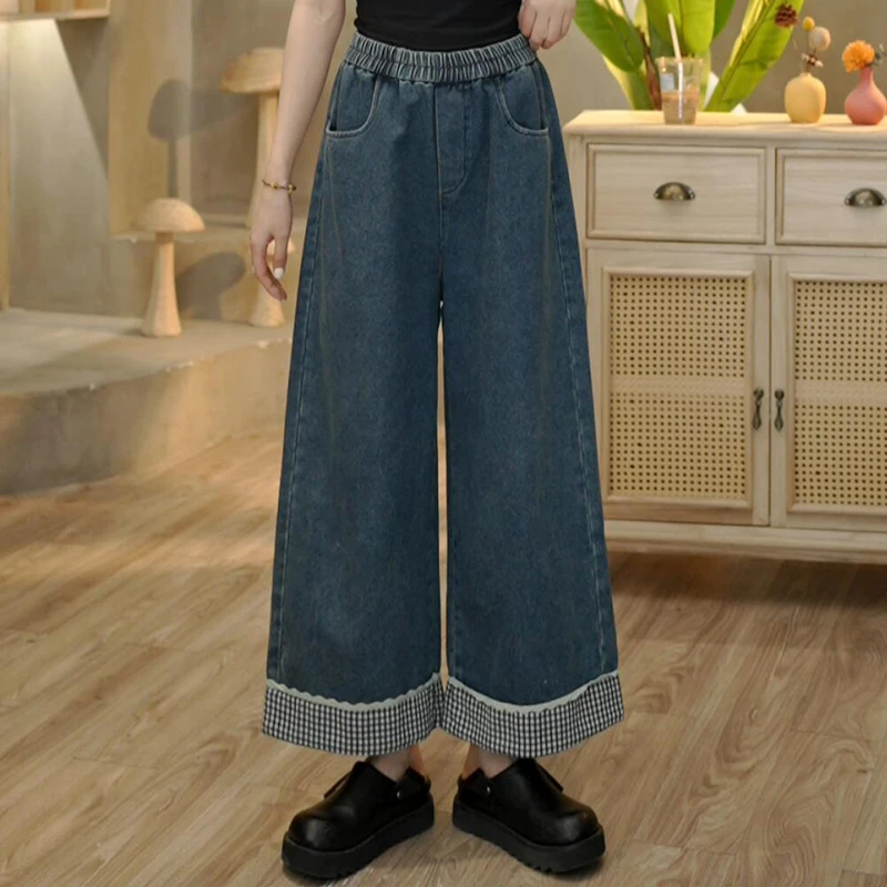 3825  复古气质格子卷边休闲牛仔裤女宽松显瘦百搭阔腿裤子女
