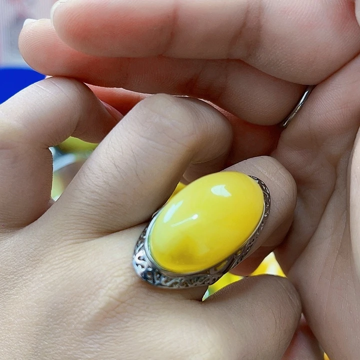 蜜蜡银S925镶嵌裸石戒指