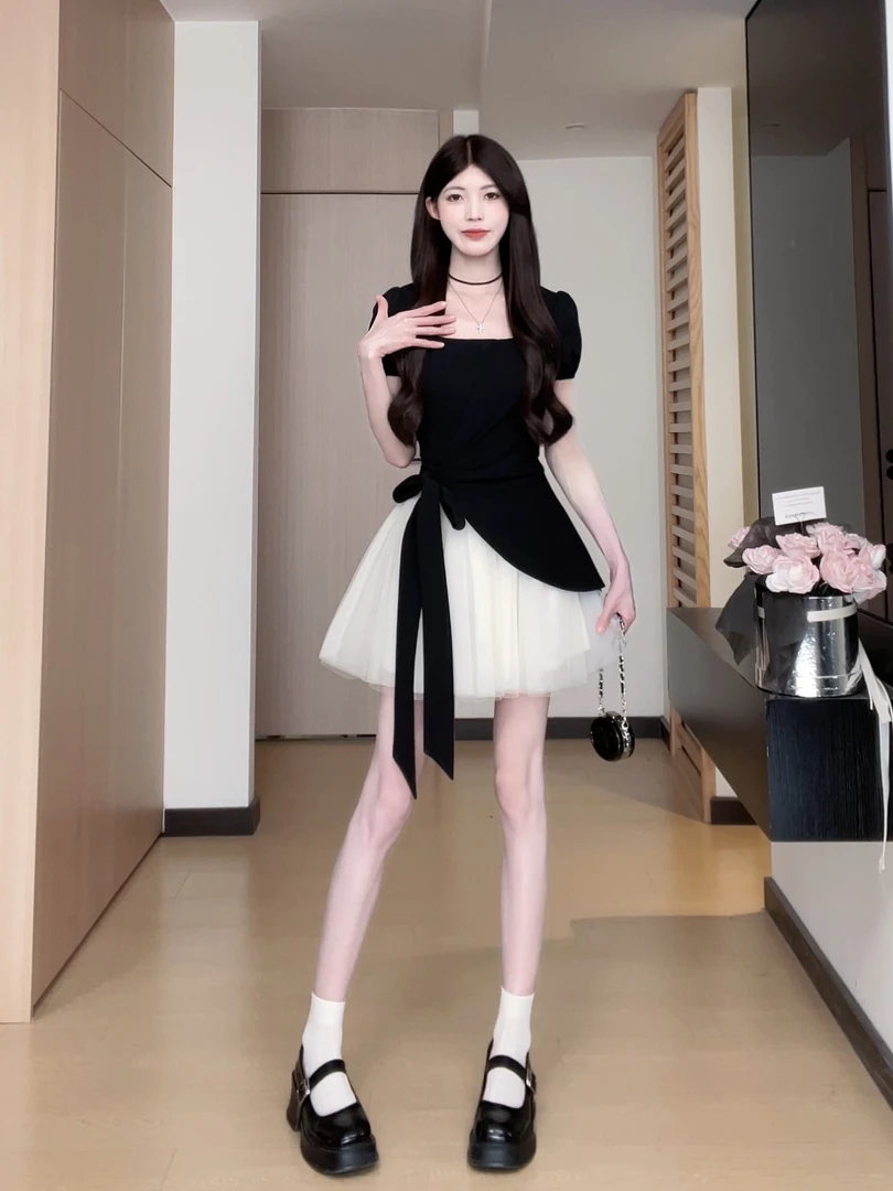 松本丧丧夏季撞色褶皱收腰设计感气质连衣裙裙子B251Q0590