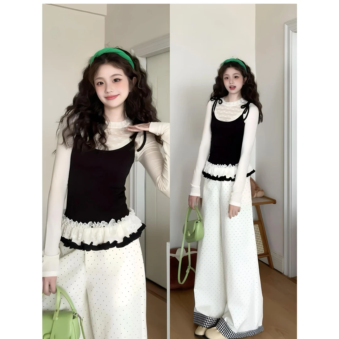 INS CEC韩系芭蕾风假两件上衣早春季2025新款女高级感白色休闲裤