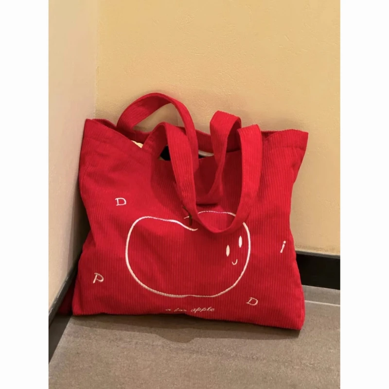 新款灯芯绒苹果刺绣复古百搭通勤单肩包大容量简约托特包HR