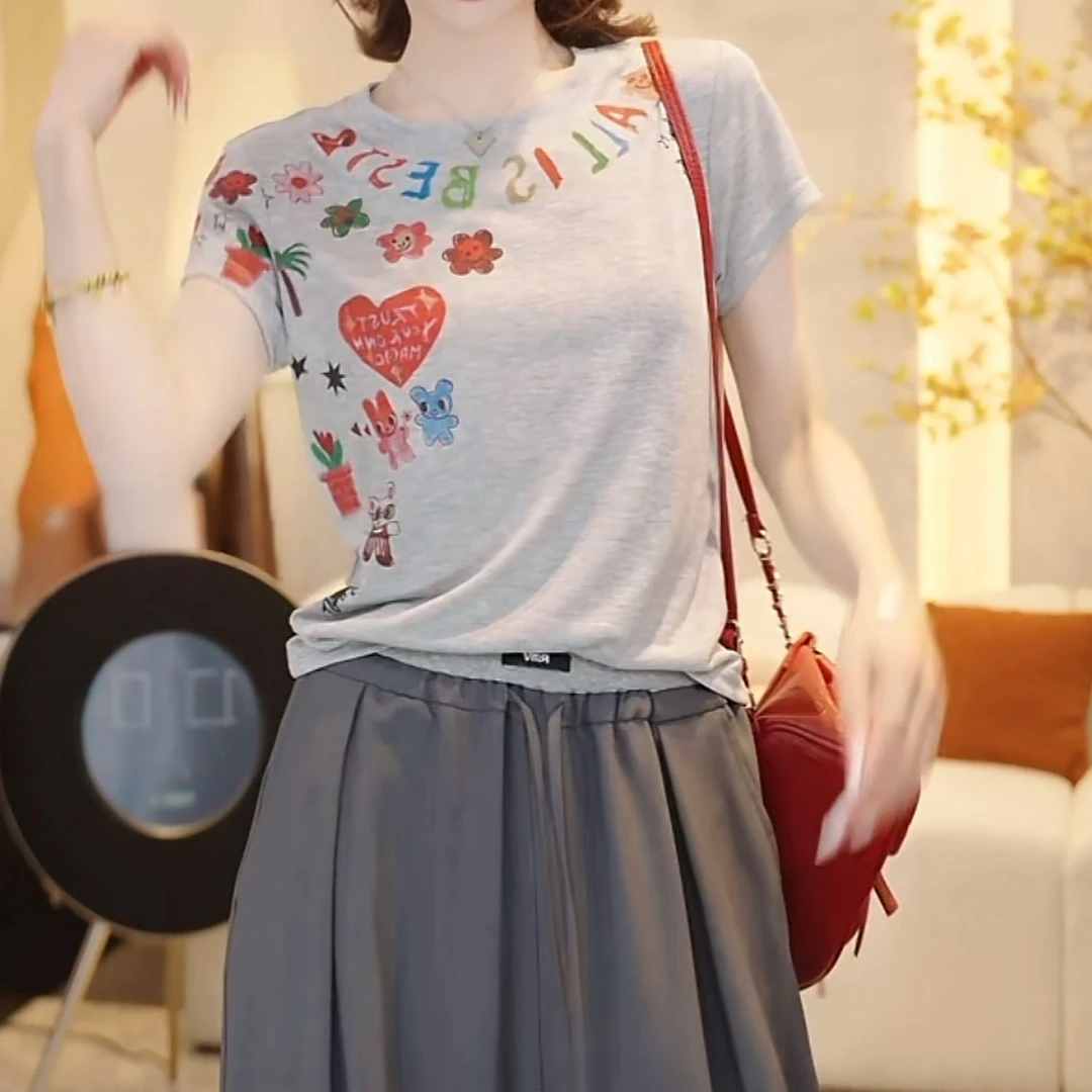 卡通爱心字母涂鸦短袖t恤2025夏季新款女士百搭通勤显瘦洋气上衣