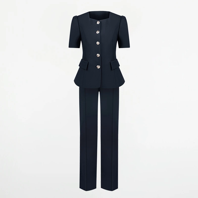 晚晚夏季新款短袖高级感西装套装女气质显瘦修身女神范通勤穿搭