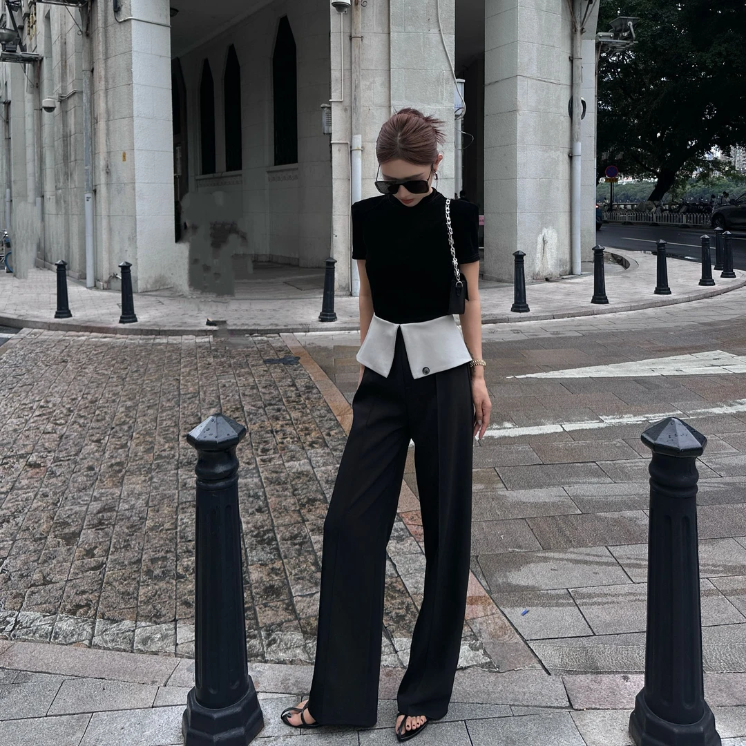 ZZ306珍珍家 气质翻边高级感设计感黑灰拼接高腰直筒裤