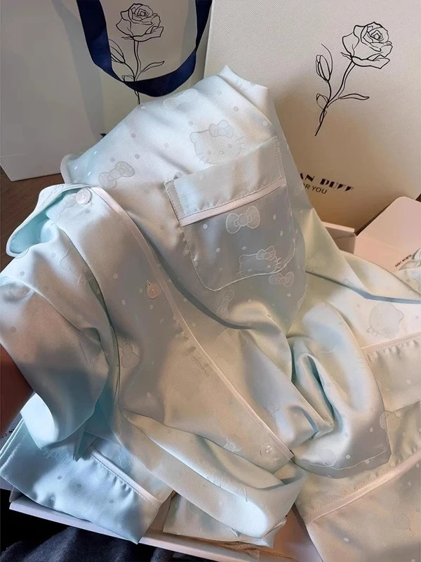 轻奢甜美夏季hellokitty冰丝睡衣女春夏款开衫家居服套装可外穿