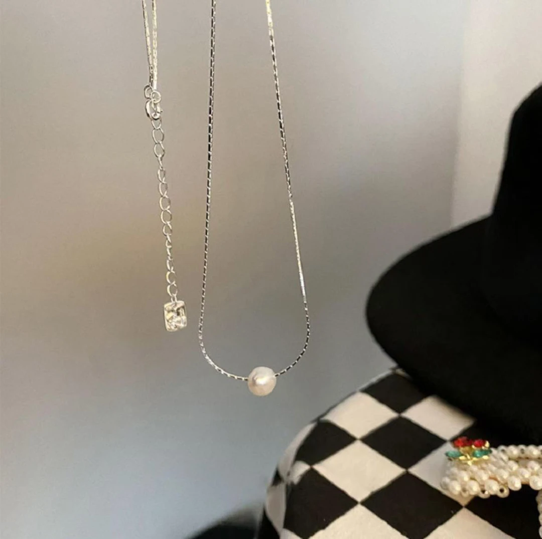 链子925银 简约巴洛克珍珠小众吊坠项链锁骨链轻奢链长45cm