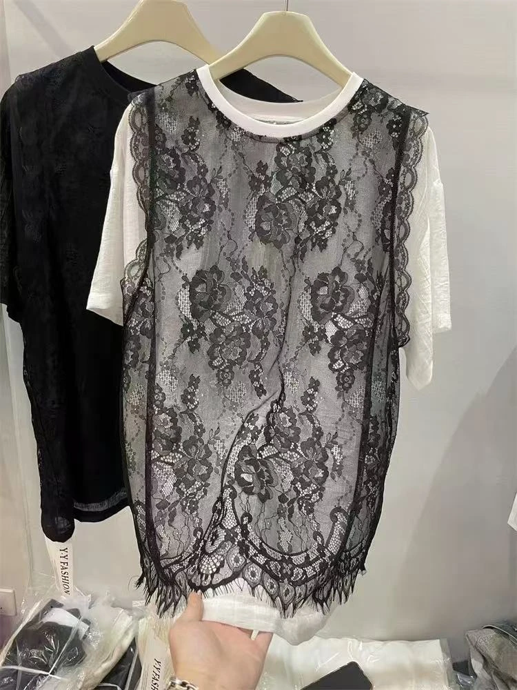 2502#夏季新款韩系层次感蕾丝拼接短袖T恤女圆领宽松百搭显瘦上衣