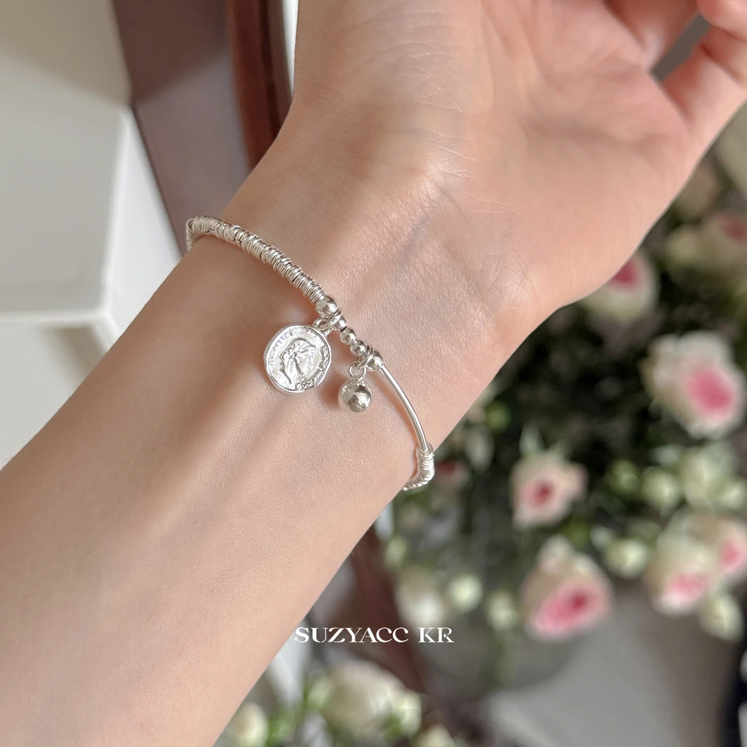 Suzyacc Kr 925银手链 925银圆牌盘缠手链时尚气质百搭饰品DC0232