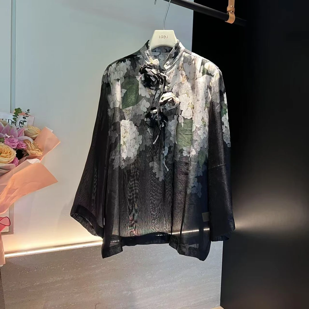 秋季真丝亚麻印花立体花朵法式衬衫