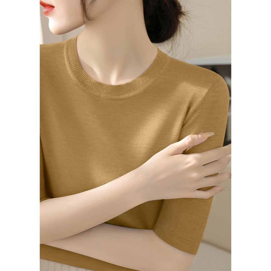 高级感夏季套头修身时尚气质针织衫新款中袖打底圆领百搭上衣女装