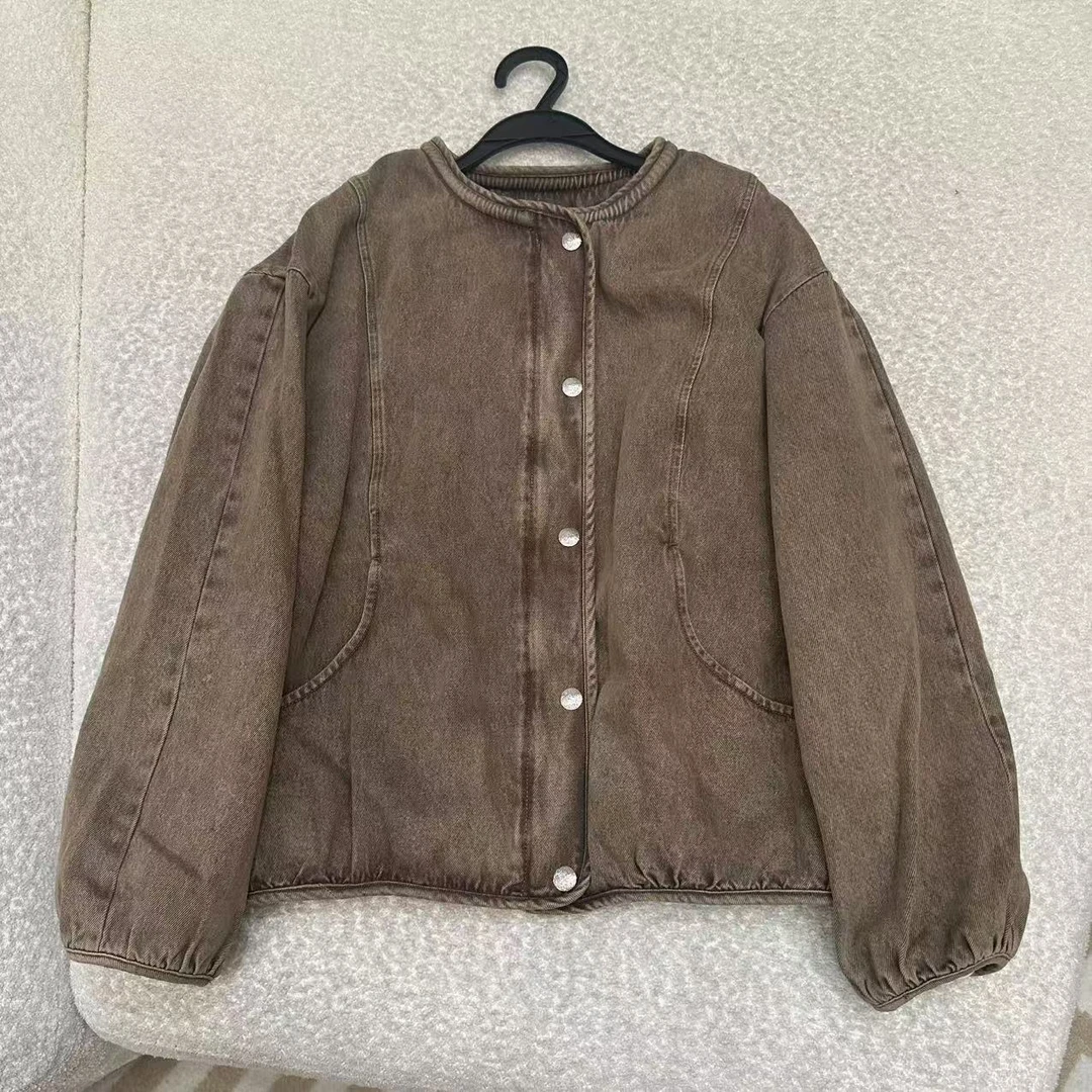 H咖色单排扣牛仔棉服外套