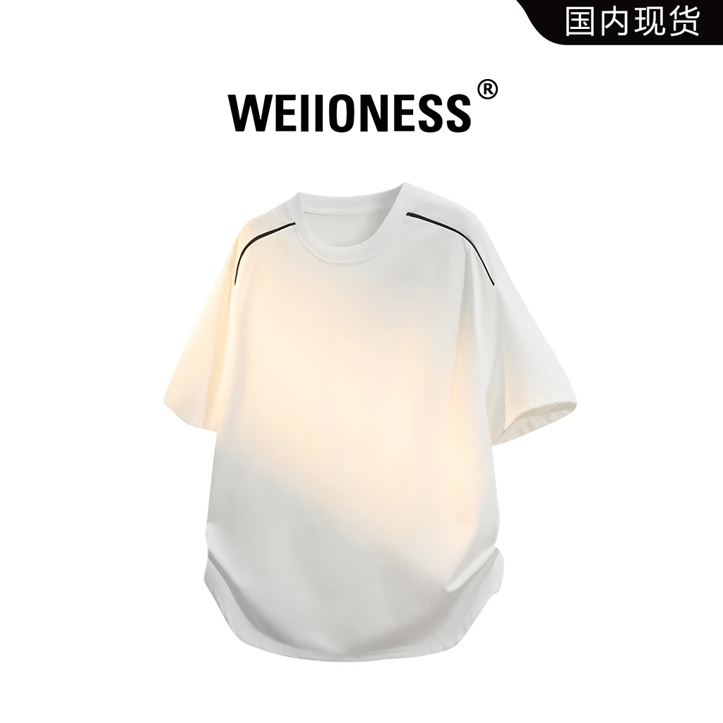 WEIIONESS潮牌撞色条纹短袖T恤男款2025夏季美式高街宽松休闲上衣