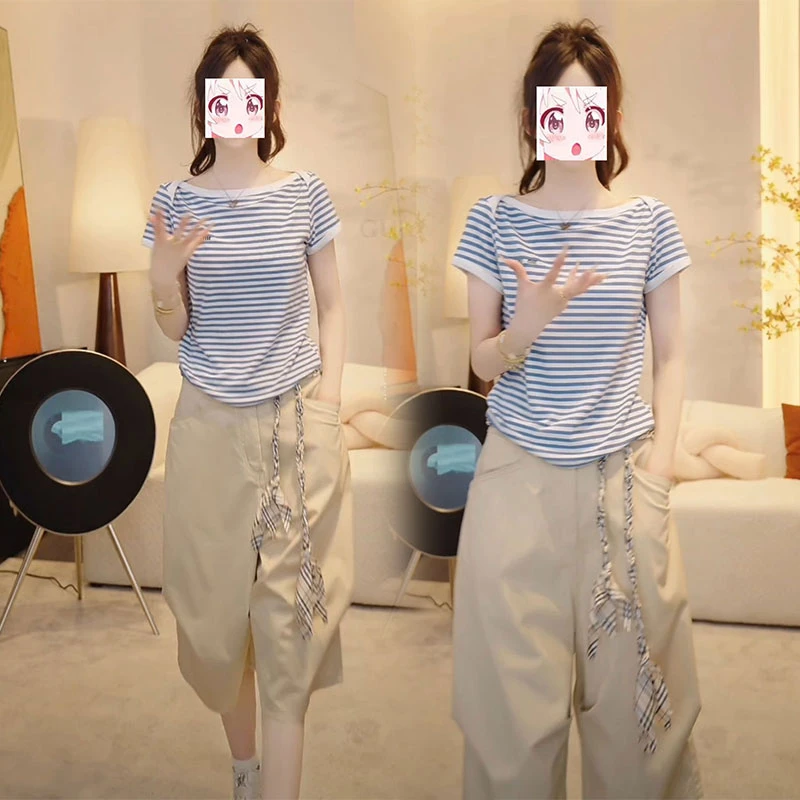 气质韩版显瘦显高穿搭条纹短袖t恤百搭休闲七分裤子夏季通勤套装