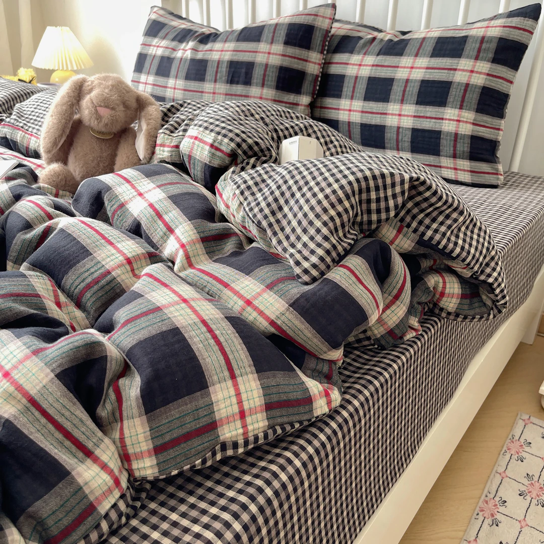 典雅格纹韩系床单被套三件套学生宿舍可机洗床单被套四件套非纯棉