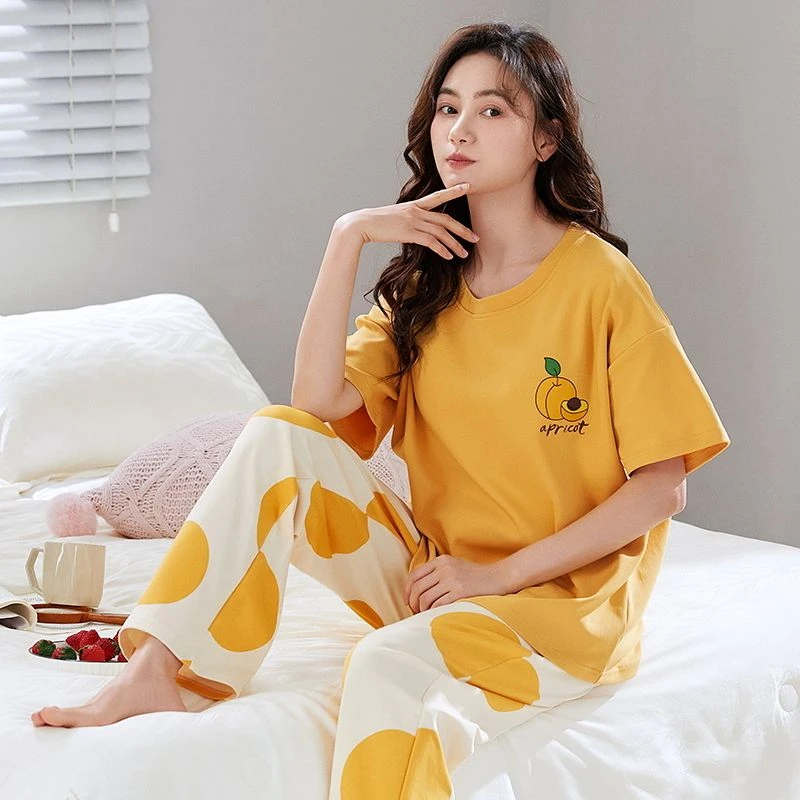 带胸垫一体睡衣女士夏季短袖长裤甜美休闲薄款加大码家居服两件套