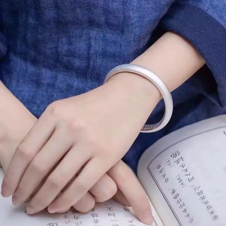 足银手镯 足银999.9闭口心经手镯实心女磨砂光面素圈贵妃镯子