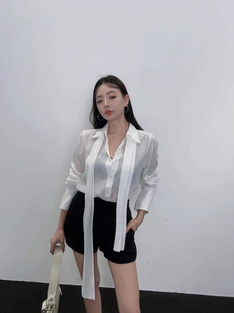 HTT小众设计感原创百搭纯色带飘带衬衫上衣5115151