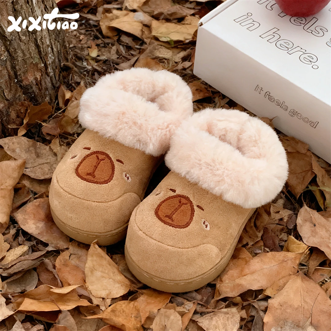 细细条 儿童毛毛靴冬可爱卡皮巴拉水豚男童女童防滑时尚户外棉鞋