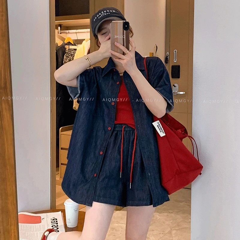 休闲深蓝色牛仔套装女夏2025新款韩版短袖衬衫高腰抽绳短裤两件套