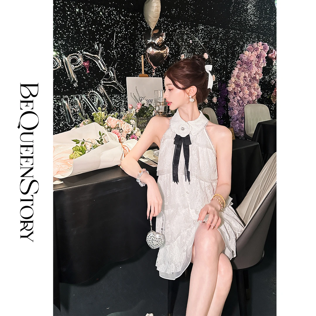 韩韩IU【游园千金】时尚韩系财阀精致千金感无袖挂脖蛋糕连衣裙夏