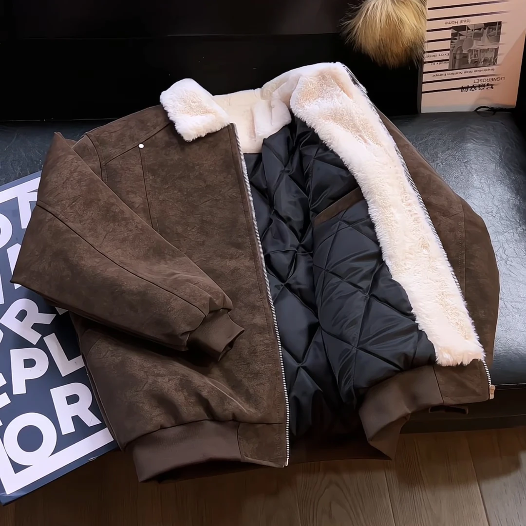 冬季美拉德扎染翻领羊羔绒雾面PU皮棉服加绒加厚保暖夹克外套男