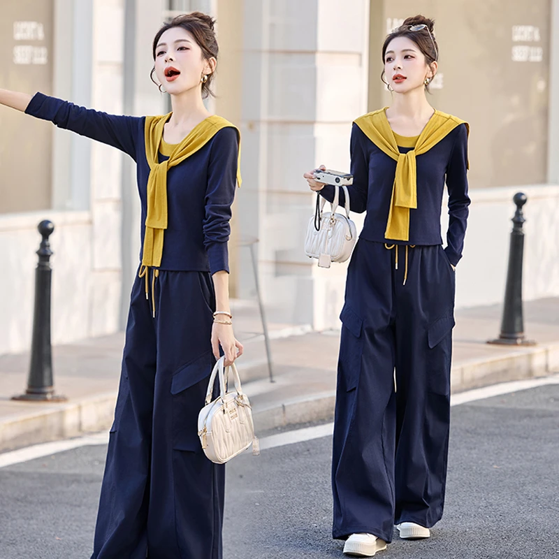 时尚套装女2025秋天衣服流行洋气上衣下裤子带披肩两件套休闲套装