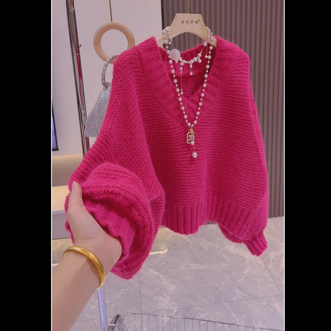 欧洲站冬季新款时尚V领纯色宽松显瘦百搭减龄长袖针织衫毛衣女