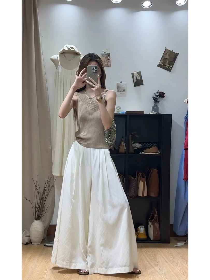 2025夏季新款韩系穿搭性感斜肩复古针织衫上衣高腰休闲阔腿裤套装