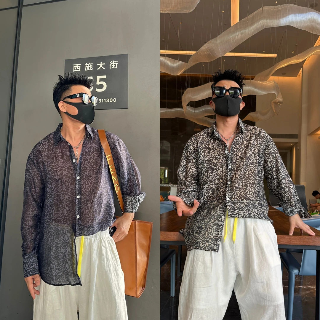 金先生夏季轻薄豹纹衬衫时尚高级痞帅宽松休闲防晒花衬衣