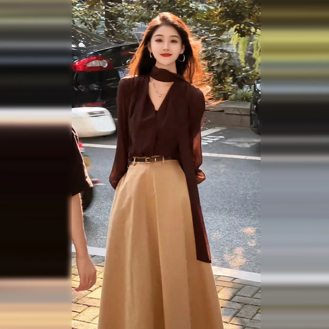 2025秋冬新款韩系V领飘带长袖上衣外穿收腰显瘦半身裙两件套装女