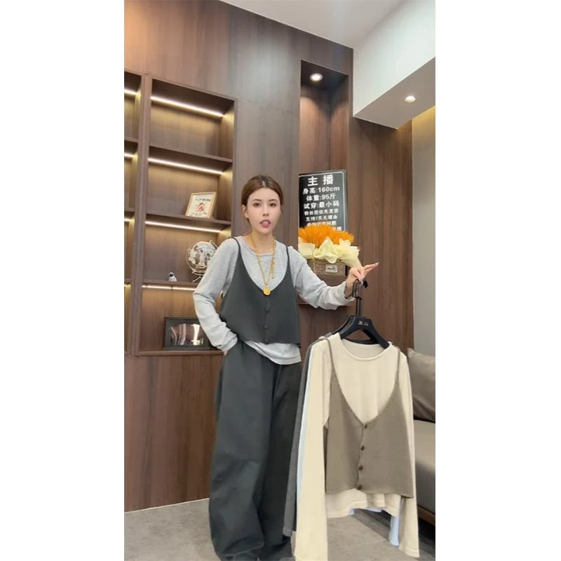 欧货2025秋冬新款慵懒风时尚背心 长袖针织衫两件套减龄显瘦上衣