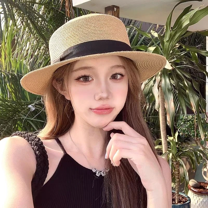 平顶网红草帽2025新款夏天大檐折叠草编遮阳帽海边沙滩防晒太阳帽