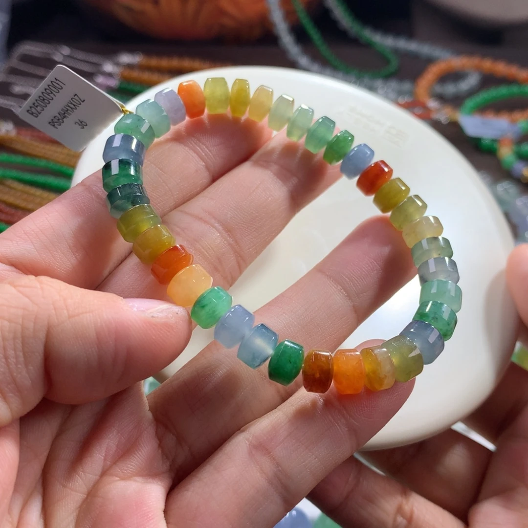 翡翠未镶嵌手链冰浓彩多巴胺彩虹桶珠手串卡7.5左右