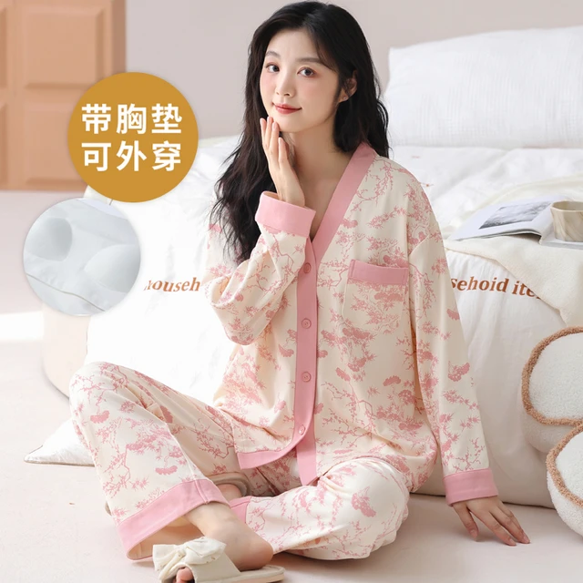 带胸垫一体春秋季国风长袖睡衣套装女棉开衫和服家居服大尺码夏冬