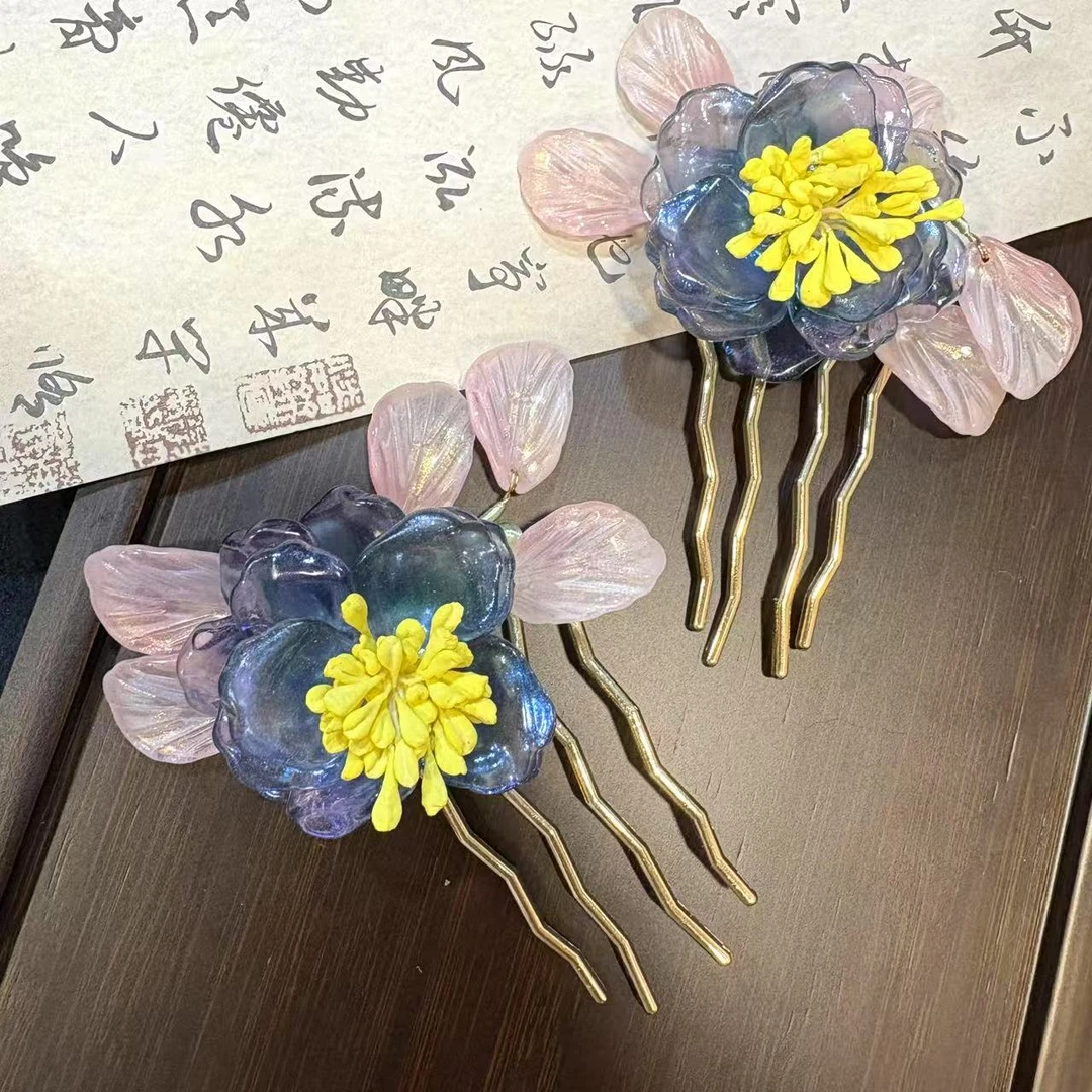 【云鬓花颜阁琉璃钗梳】粉珀焰绡（孤品）对钗爆款汉服古风发饰B193