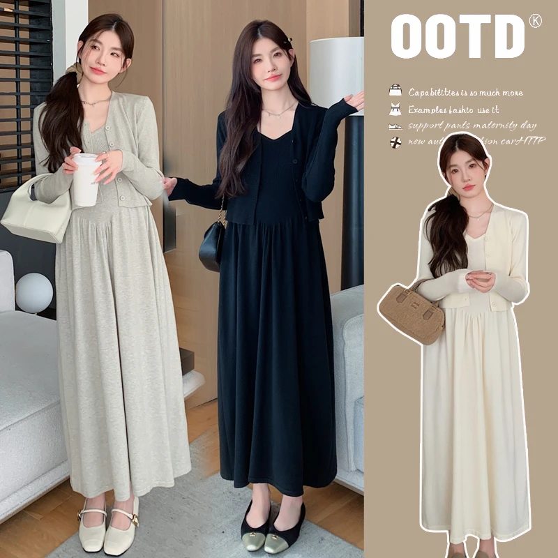 孕妇秋装套装2025新款时尚慵懒风春秋季背心连衣裙针织开衫两件套