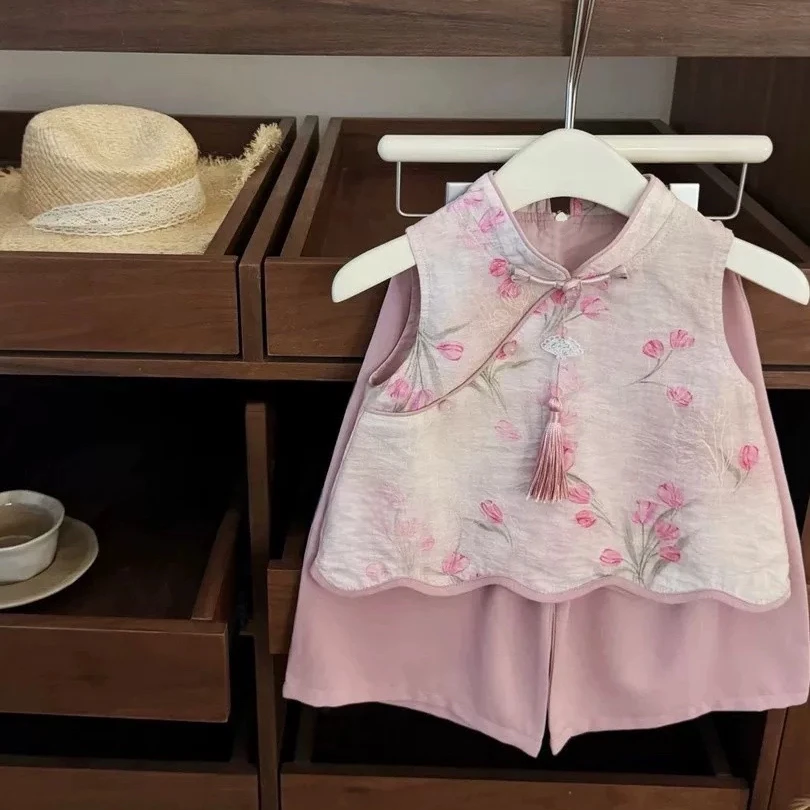 女童新中式套装夏季女常规碎花薄款中国风套装女童无袖休闲粉色