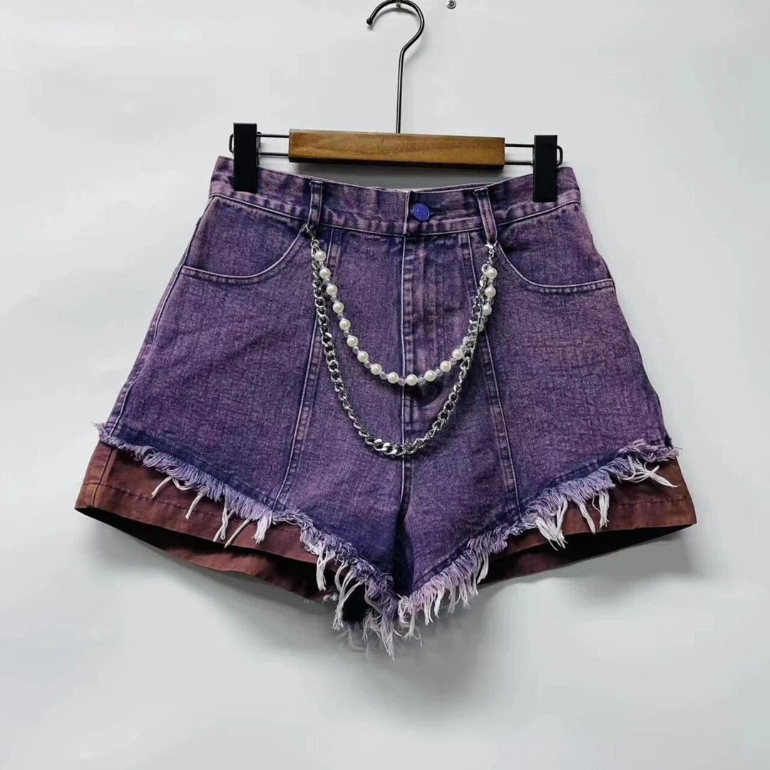 【GEYATU】送珍珠链条设计感牛仔短裤302显瘦百搭中性短裤破洞毛边