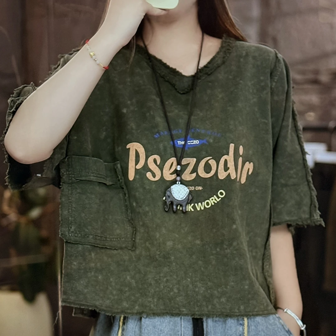 【6166】女款原创设计印花脸谱短袖做旧短款T恤打底衫文艺韩版宽松