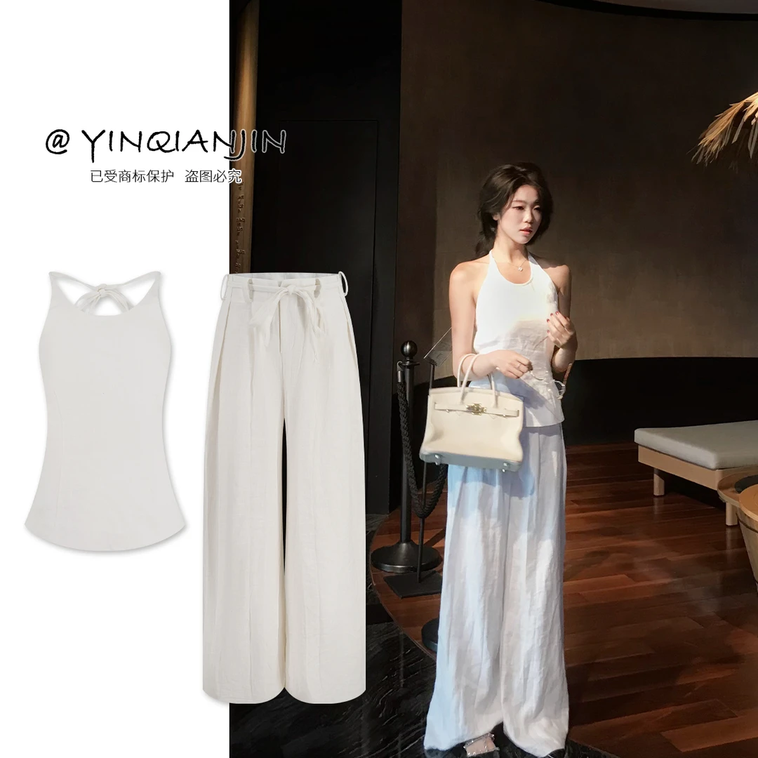 尹千金11【清冷白莲花套装】干净纯粹老钱感设计亚麻白套装Z256092