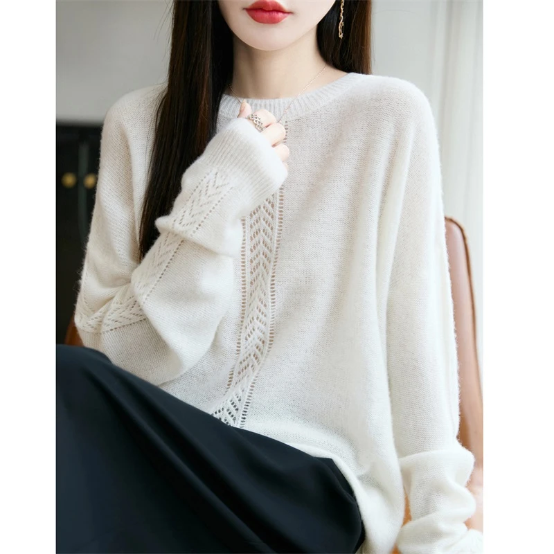 100%纯羊毛针织衫女士镂空厚款打底衫秋冬长袖